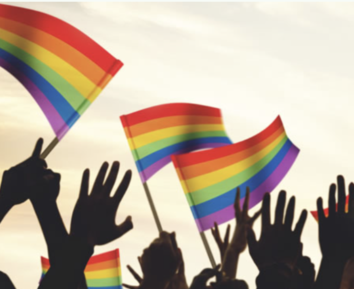 hands in the air waving rainbow flags