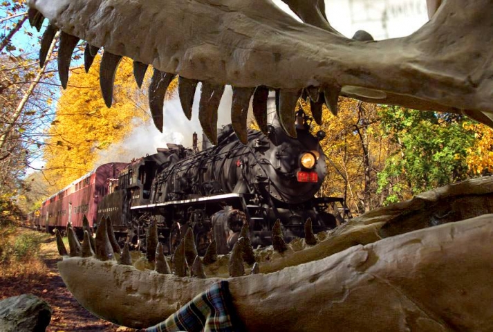 Seeing the steam engine through the mouth of a dinosaur