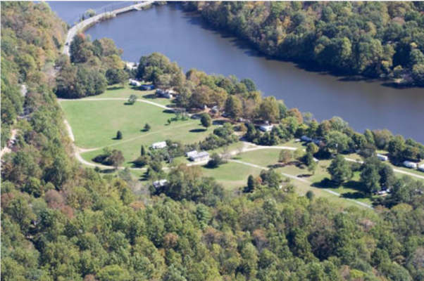 aerial view of campsites along the river
